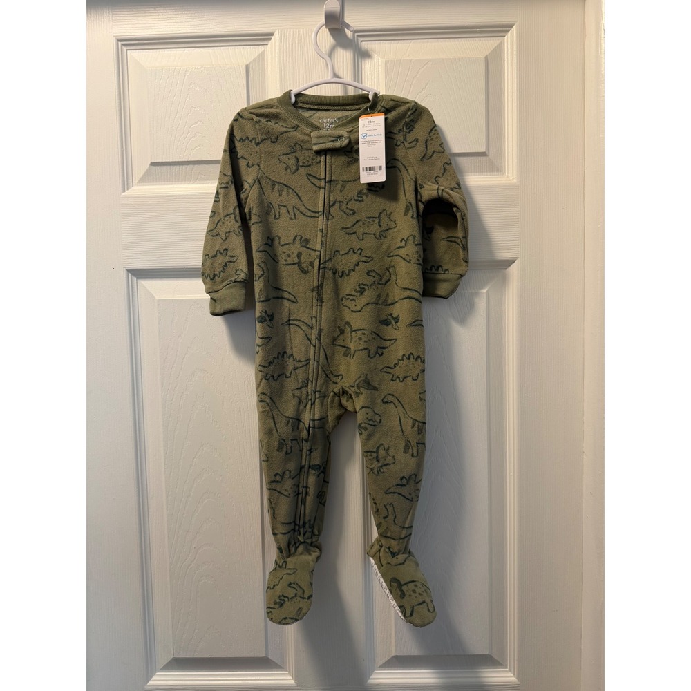Carters Baby Boys 12M Green Fleece Dinosaur Footed Pajamas 2-Way Zip NWT